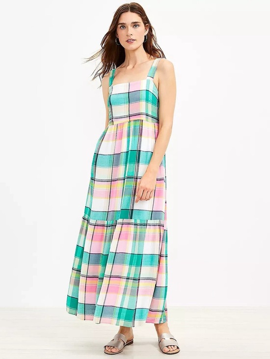 LOFT Dresses & Skirts - LOFT Pastel Plaid Maxi Dress in Teal, Pink & White